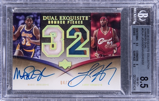 2005-06 UD "Exquisite Collection" Dual Exquisite Number Pieces #DNJH M. Johnson/L. Hughes Signed Game Used Patch Card (#04/32) - BGS NM-MT+ 8.5/BGS 10